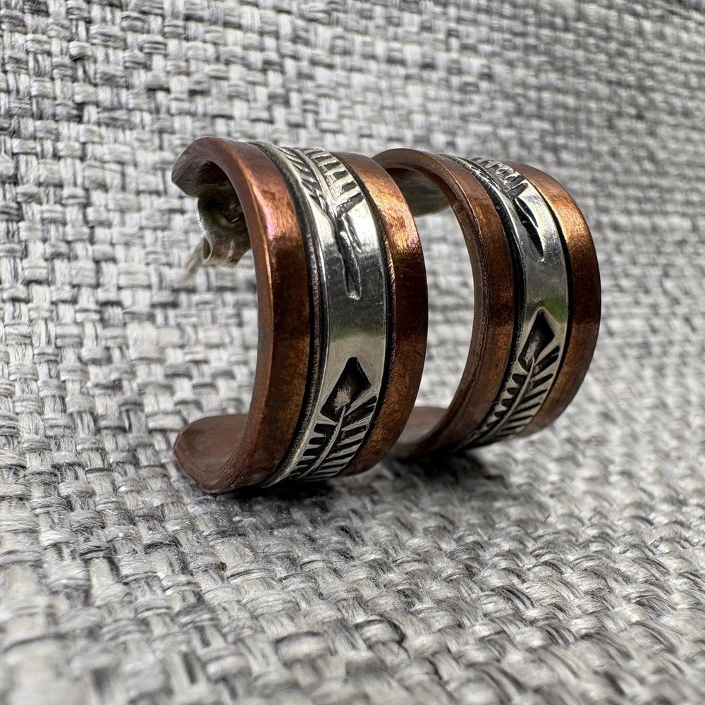 Randy Secatero Navajo Sterling Silver Copper Feather Hand Stamped Hoop Earrings